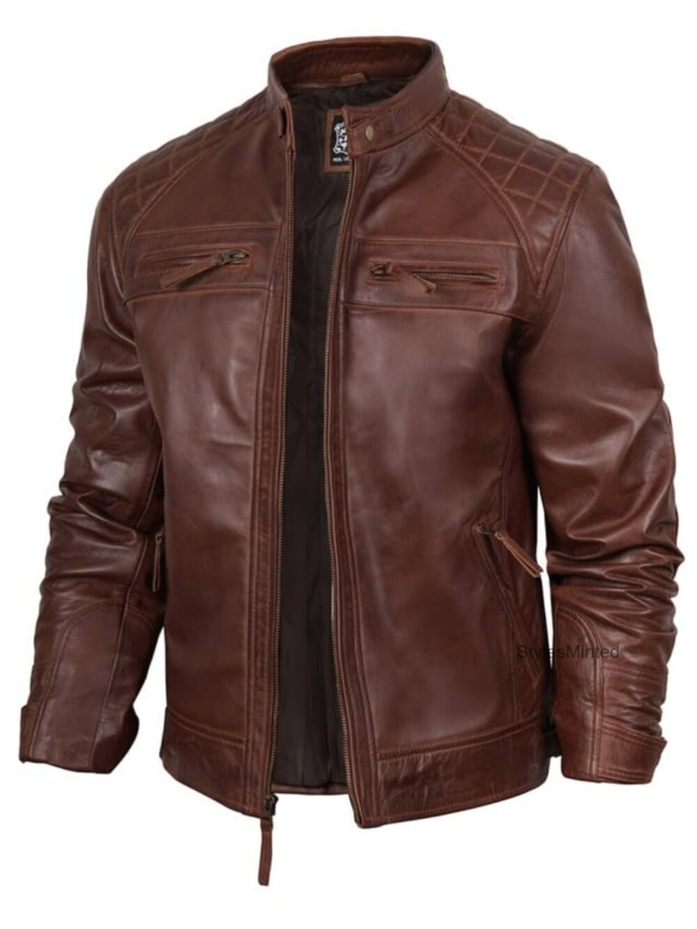 Quilted Real Lambskin Leather Cafe Racer Jacket Men Snap Tab Collar